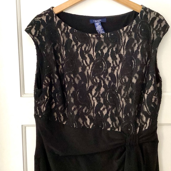 CHAPS Black party cocktail dress XL stretch sheath lace overlay Nude side Ruffle - Picture 5 of 12